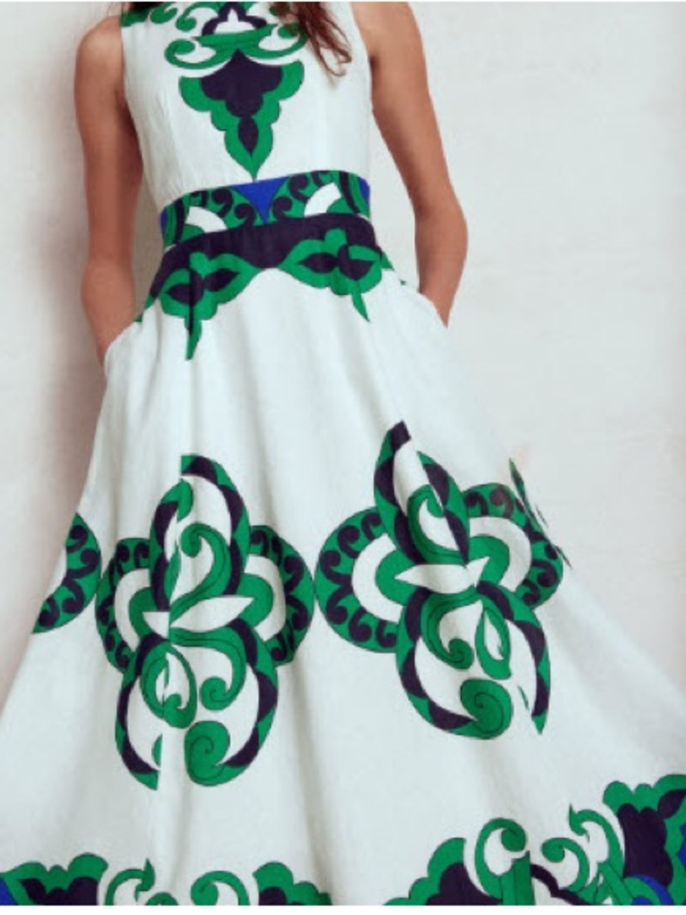 Boden Linen Maxi Dress with Green and Blue Scroll Motif - Picture 2 of 5